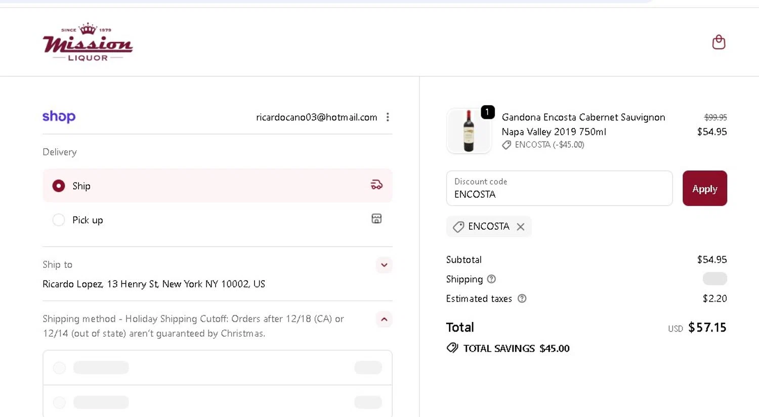 Mission Liquor discount code screenshot showing code ENCOSTA applied at Mission Liquor checkout page. Uploaded by SimplyCodes community member LAMINEJAMAL on Dec 15, 2025