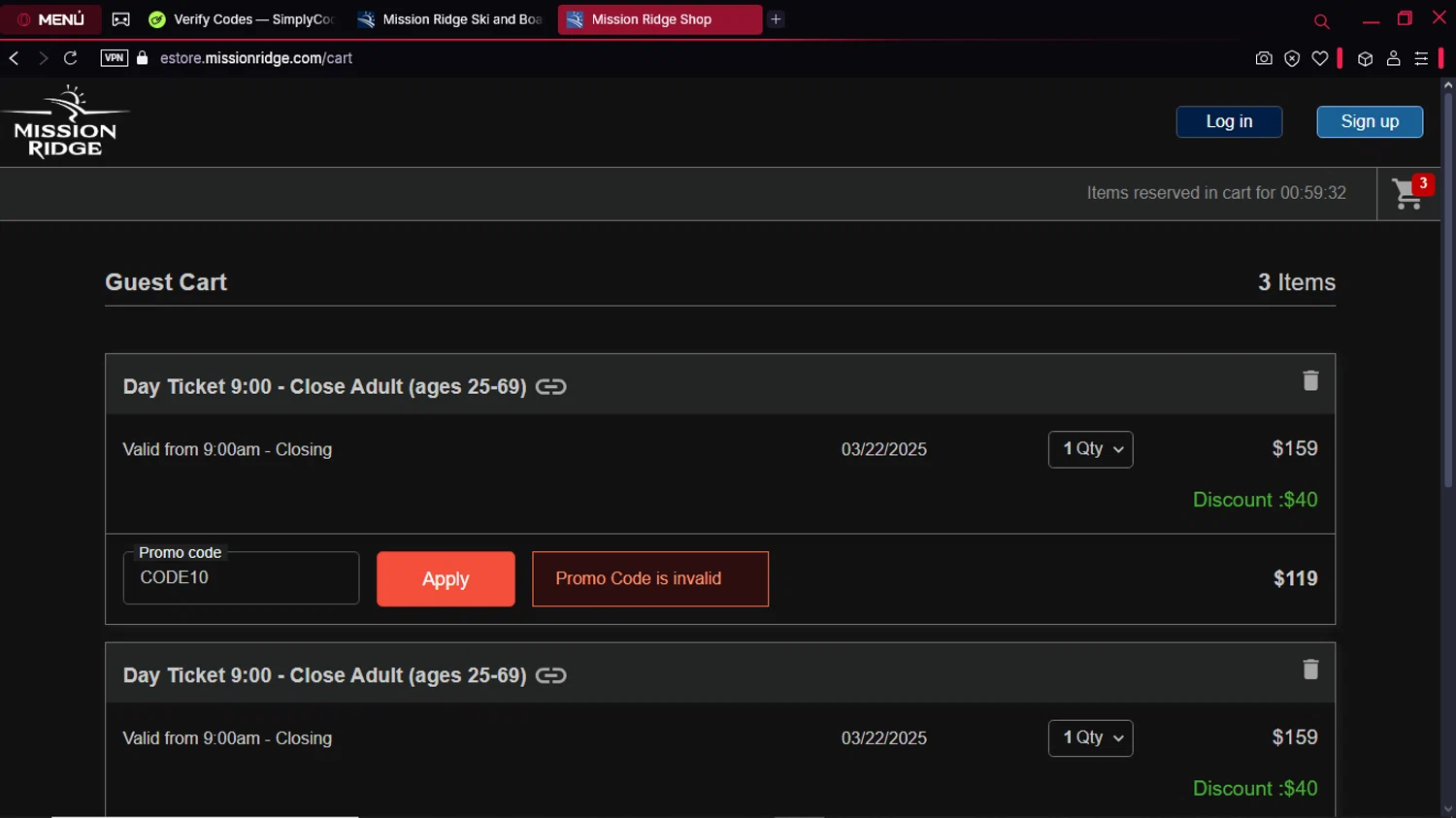 Mission Ridge promo code screenshot showing code CODE10 applied at Mission Ridge checkout page. Uploaded by SimplyCodes community member KeiJJ18 on Mar 18, 2025