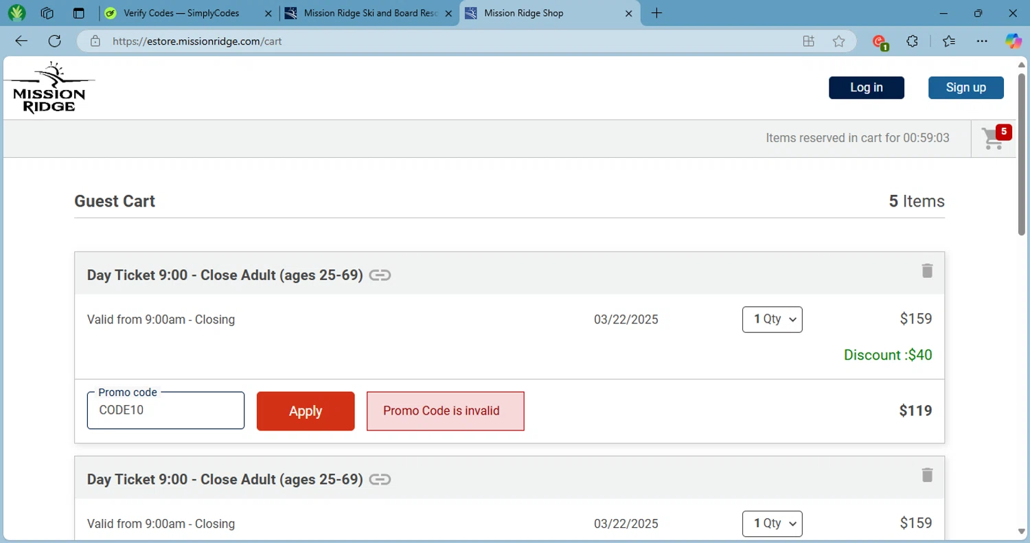 Mission Ridge promo code screenshot showing code CODE10 applied at Mission Ridge checkout page. Uploaded by SimplyCodes community member EpicKnight4704 on Mar 18, 2025