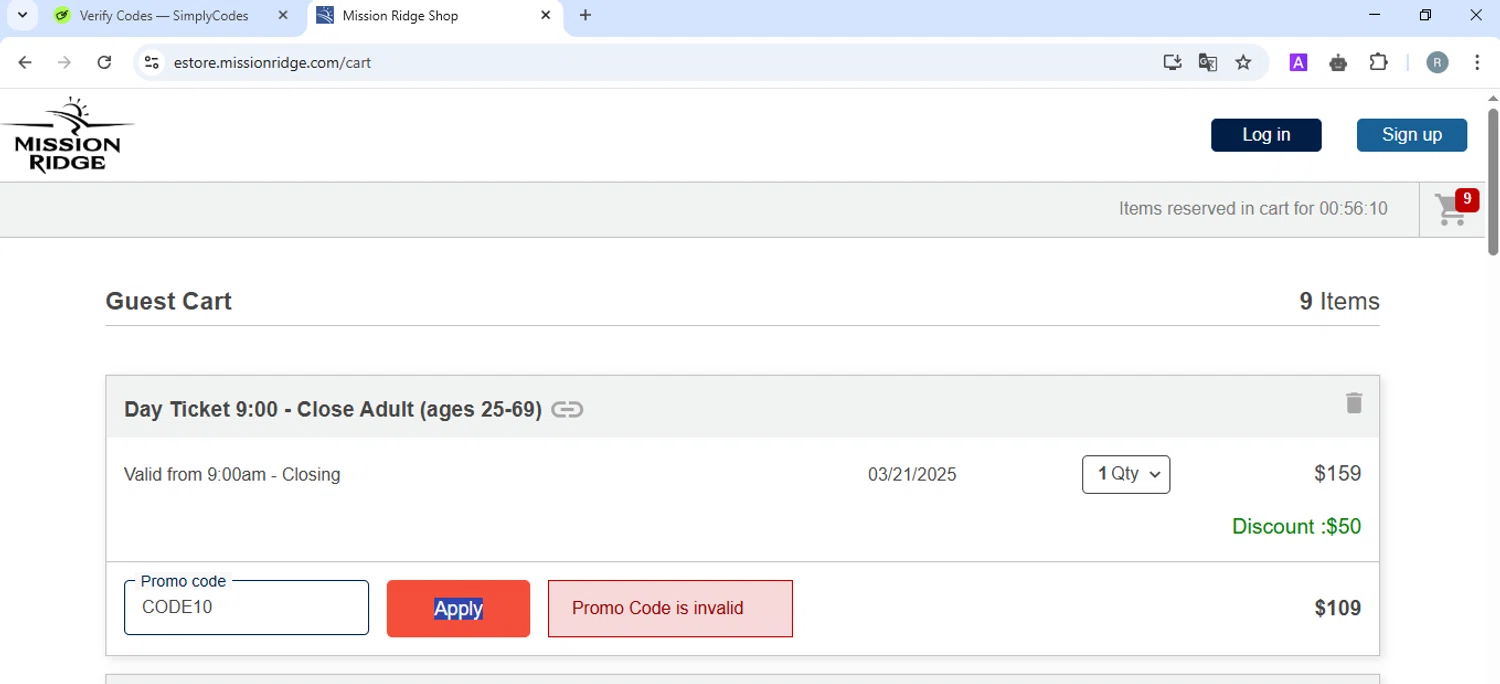 Mission Ridge promo code screenshot showing code CODE10 applied at Mission Ridge checkout page. Uploaded by SimplyCodes community member ExtraordinarySleuth3936 on Mar 18, 2025