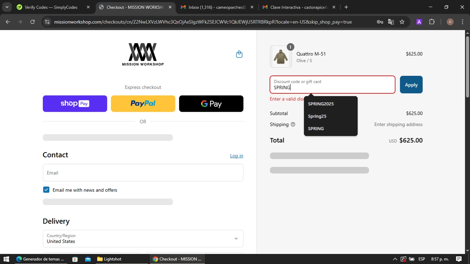 Mission Workshop promo code screenshot showing code SPRING applied at Mission Workshop checkout page. Uploaded by SimplyCodes community member VoucherRanger901 on Jun 7, 2025