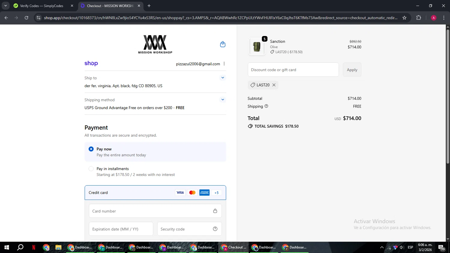 Mission Workshop promo code screenshot showing code LAST20 applied at Mission Workshop checkout page. Uploaded by SimplyCodes community member BMWGS1200 on Feb 3, 2026