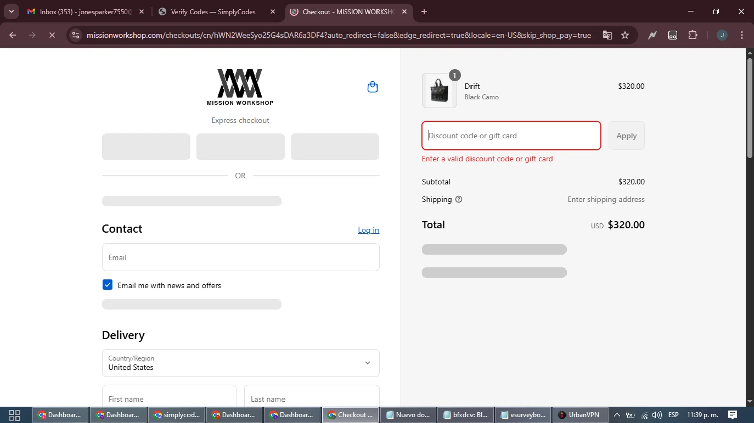Mission Workshop promo code screenshot showing code LAB15 applied at Mission Workshop checkout page. Uploaded by SimplyCodes community member ScanLynx8928 on Sep 2, 2025