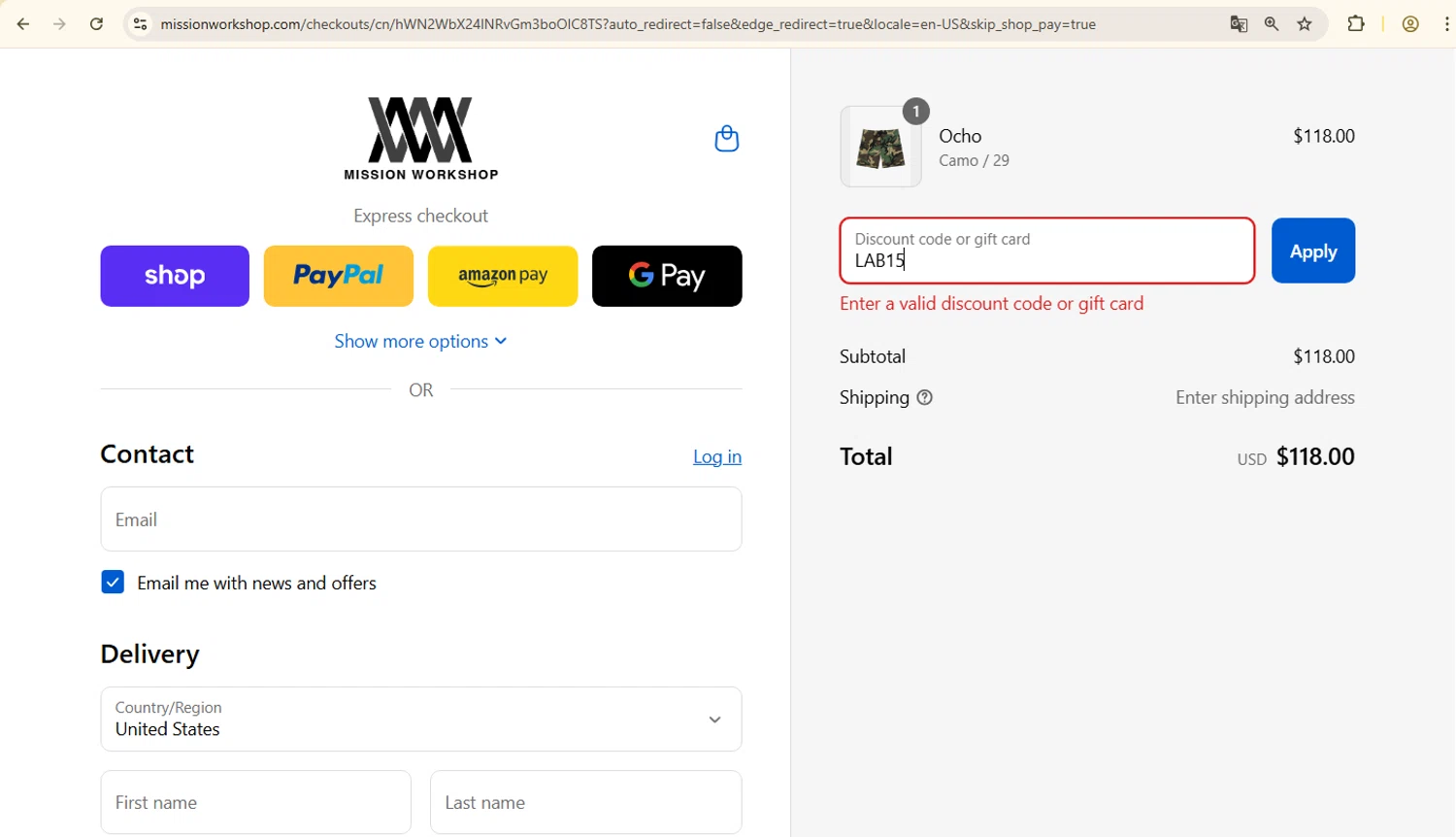 Mission Workshop promo code screenshot showing code LAB15 applied at Mission Workshop checkout page. Uploaded by SimplyCodes community member TRIBUENO on Sep 2, 2025