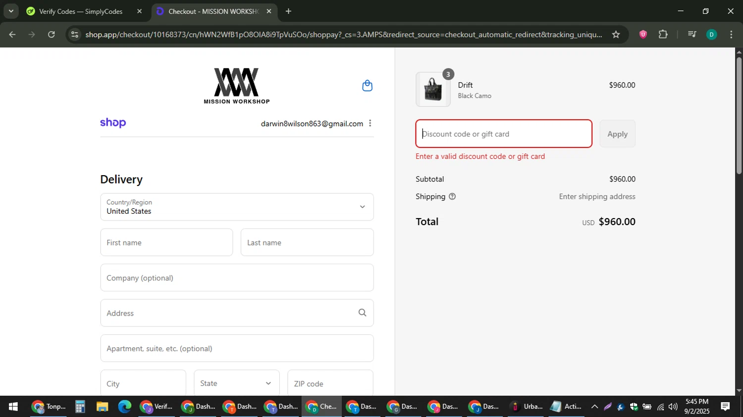 Mission Workshop promo code screenshot showing code LAB15 applied at Mission Workshop checkout page. Uploaded by SimplyCodes community member ThriftyLion6776 on Sep 2, 2025