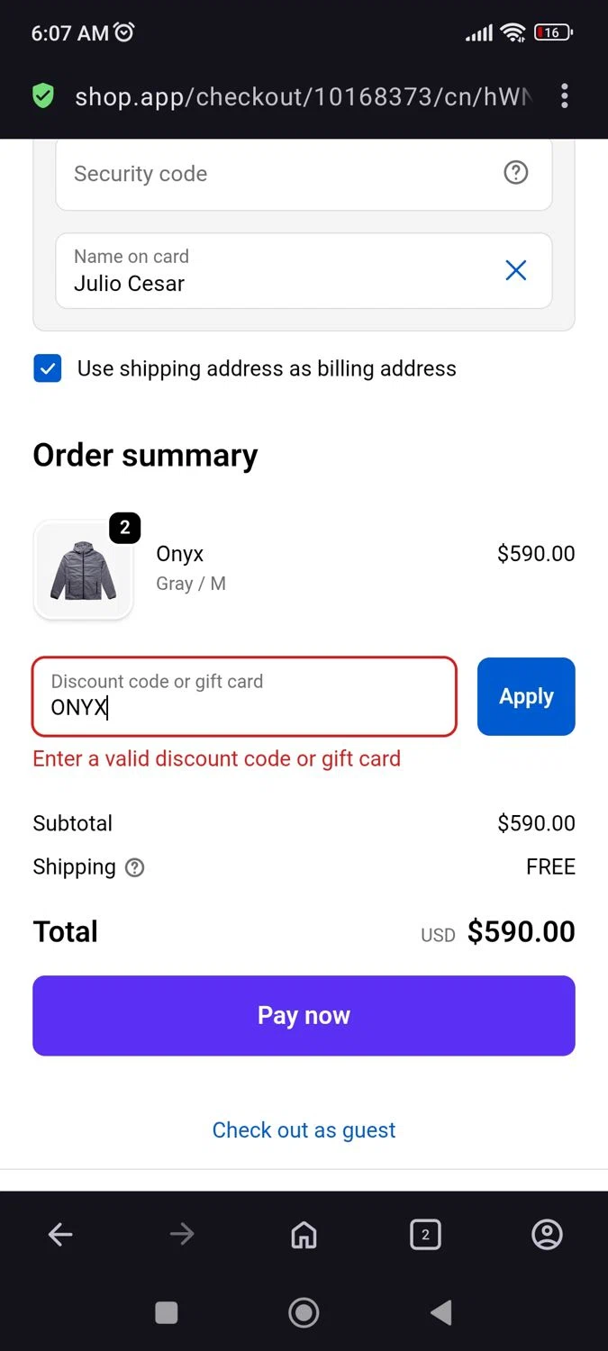 Mission Workshop promo code screenshot showing code ONYX applied at Mission Workshop checkout page. Uploaded by SimplyCodes community member JulesCrnel on Nov 7, 2025