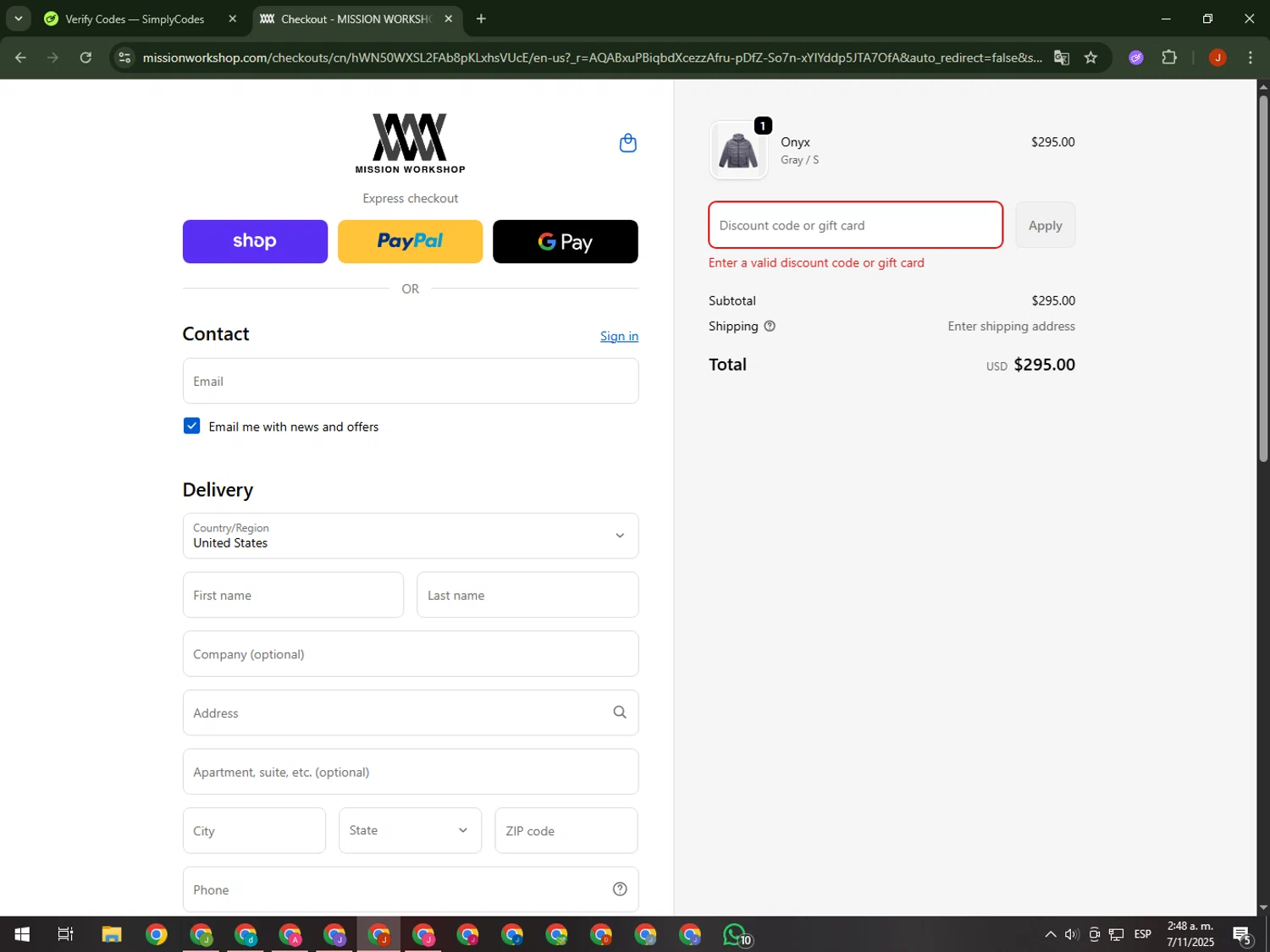 Mission Workshop promo code screenshot showing code ONYX applied at Mission Workshop checkout page. Uploaded by SimplyCodes community member KimDokja on Nov 7, 2025