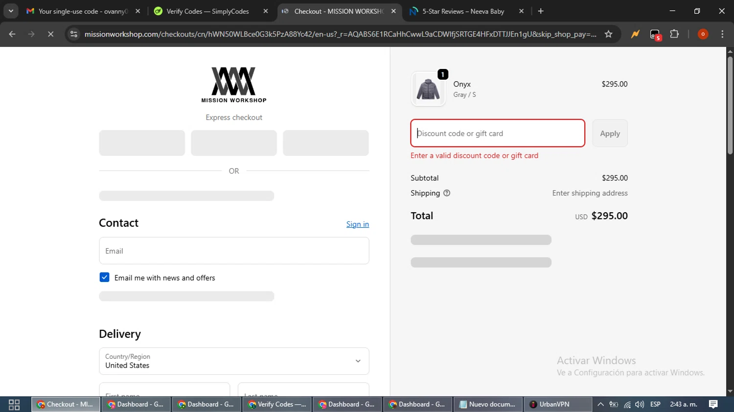 Mission Workshop promo code screenshot showing code ONYX applied at Mission Workshop checkout page. Uploaded by SimplyCodes community member WiseTracker2171 on Nov 7, 2025