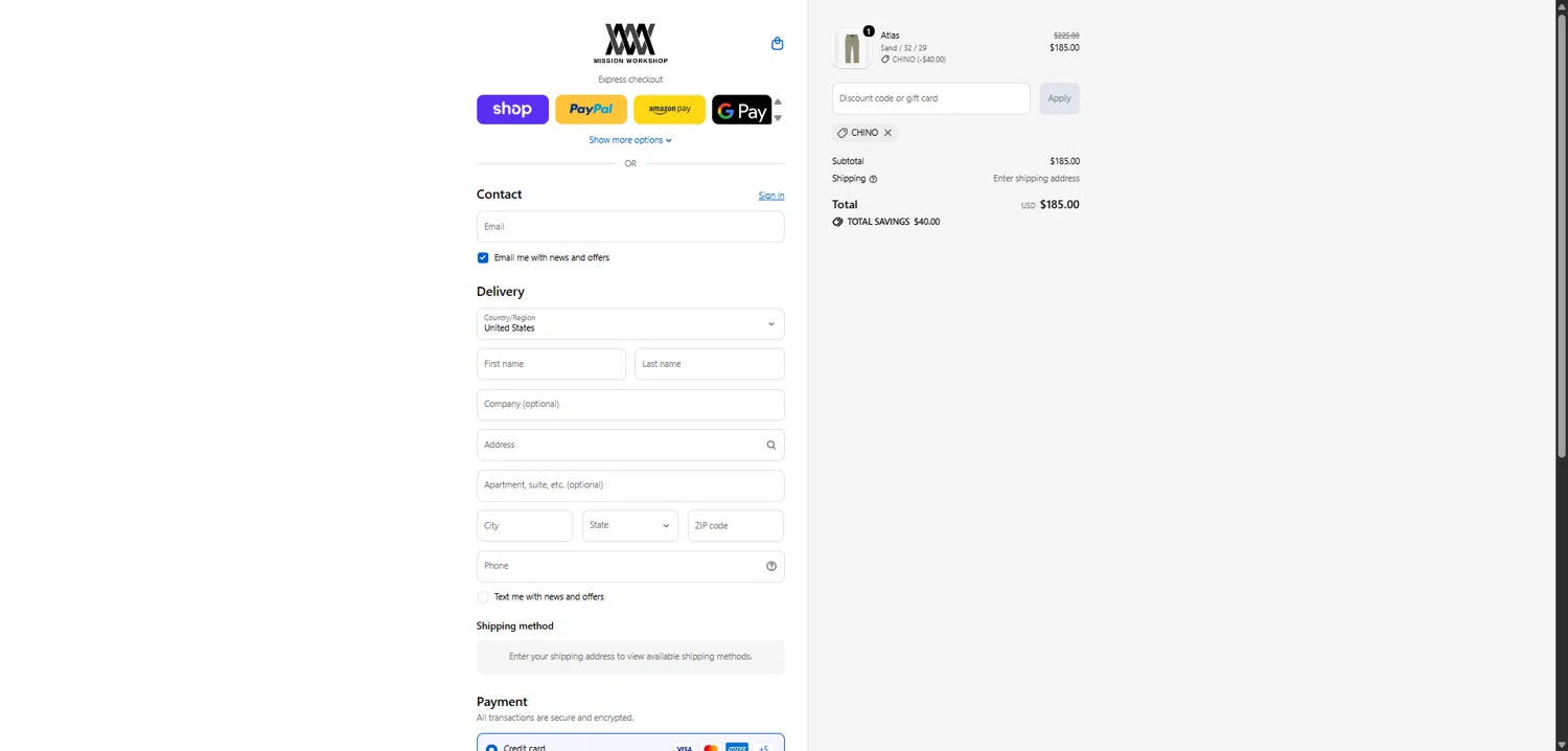 Mission Workshop promo code screenshot showing code CHINO applied at Mission Workshop checkout page. Uploaded by SimplyCodes community member TokenFalcon7462 on Feb 12, 2026