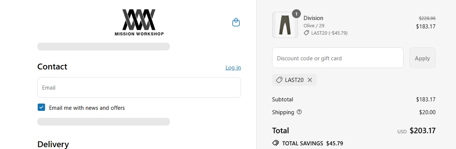 Mission Workshop promo code screenshot showing code LAST20 applied at Mission Workshop checkout page. Uploaded by SimplyCodes community member jesspea on Jul 31, 2025