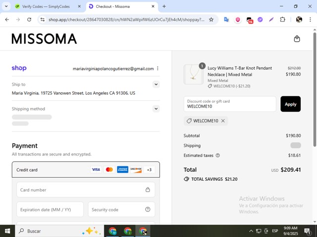 Missoma checkout page showing Missoma discount code box | Screenshot taken by SimplyCodes community member on Sep 4, 2025