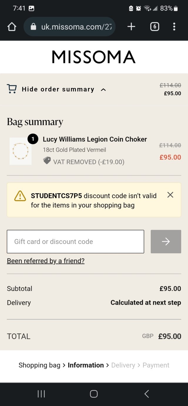 Missoma UK checkout page showing Missoma UK promo code box | Screenshot taken by SimplyCodes community member on Dec 24, 2022