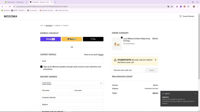 Missoma UK checkout page showing Missoma UK promo code box | Screenshot taken by SimplyCodes community member on Jul 3, 2024