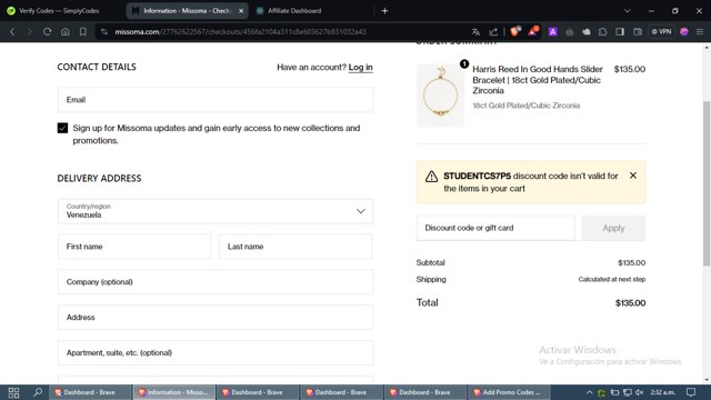 Missoma UK checkout page showing Missoma UK promo code box | Screenshot taken by SimplyCodes community member on May 11, 2024