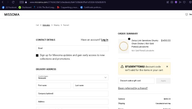 Missoma UK checkout page showing Missoma UK promo code box | Screenshot taken by SimplyCodes community member on May 11, 2024
