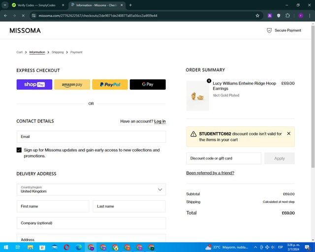 Missoma UK checkout page showing Missoma UK promo code box | Screenshot taken by SimplyCodes community member on Jul 2, 2024