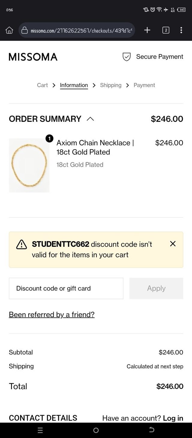 Missoma UK checkout page showing Missoma UK promo code box | Screenshot taken by SimplyCodes community member on Jun 21, 2024