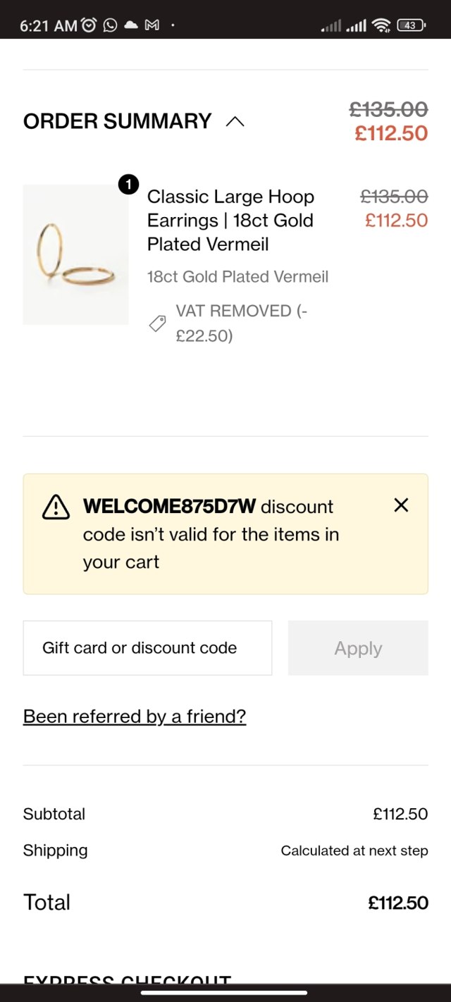 Missoma UK checkout page showing Missoma UK promo code box | Screenshot taken by SimplyCodes community member on Mar 12, 2023