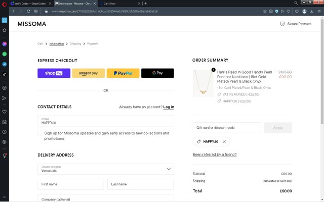 Missoma UK checkout page showing Missoma UK promo code box | Screenshot taken by SimplyCodes community member on Mar 2, 2023