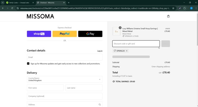 Missoma UK checkout page showing Missoma UK promo code box | Screenshot taken by SimplyCodes community member on Feb 27, 2025