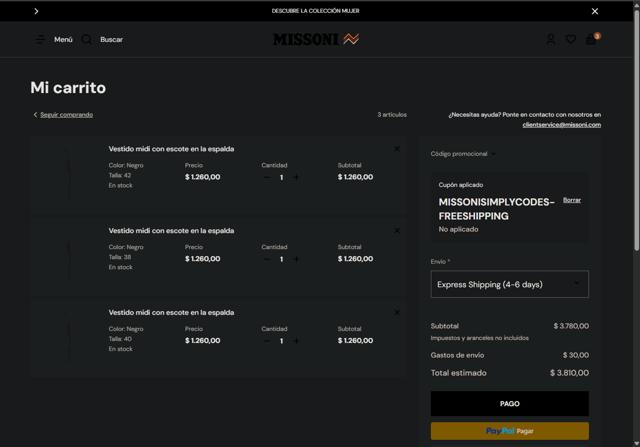 Missoni checkout page showing Missoni discount code box | Screenshot taken by SimplyCodes community member on May 10, 2025