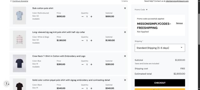 Missoni checkout page showing Missoni discount code box | Screenshot taken by SimplyCodes community member on Jun 8, 2025