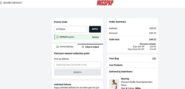 MissPap checkout page showing MissPap discount code box | Screenshot taken by SimplyCodes community member on Aug 8, 2025