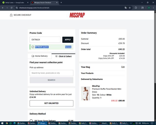 MissPap checkout page showing MissPap discount code box | Screenshot taken by SimplyCodes community member on Aug 8, 2025