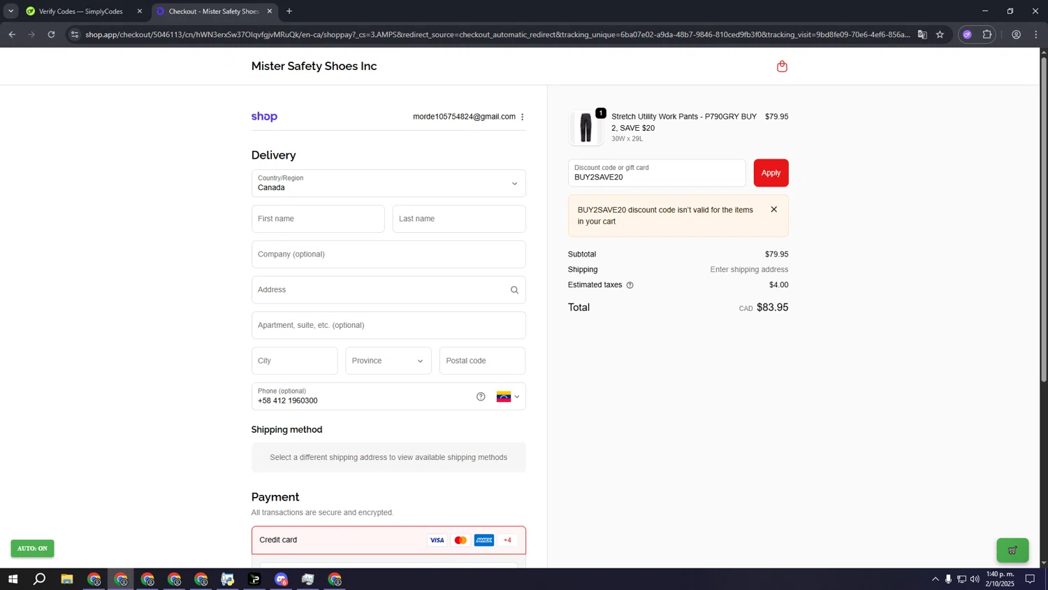 Mister Safety Shoes discount code screenshot showing code BUY2SAVE20 applied at Mister Safety Shoes checkout page. Uploaded by SimplyCodes community member aaaaaaaaaaaaaaaa on Oct 2, 2025