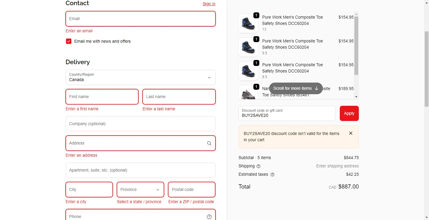 Mister Safety Shoes discount code screenshot showing code BUY2SAVE20 applied at Mister Safety Shoes checkout page. Uploaded by SimplyCodes community member DiscountTracker247 on Nov 13, 2025