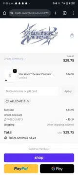 WELCOME15 coupon verification screenshot
