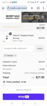 SAVE20 coupon verification screenshot