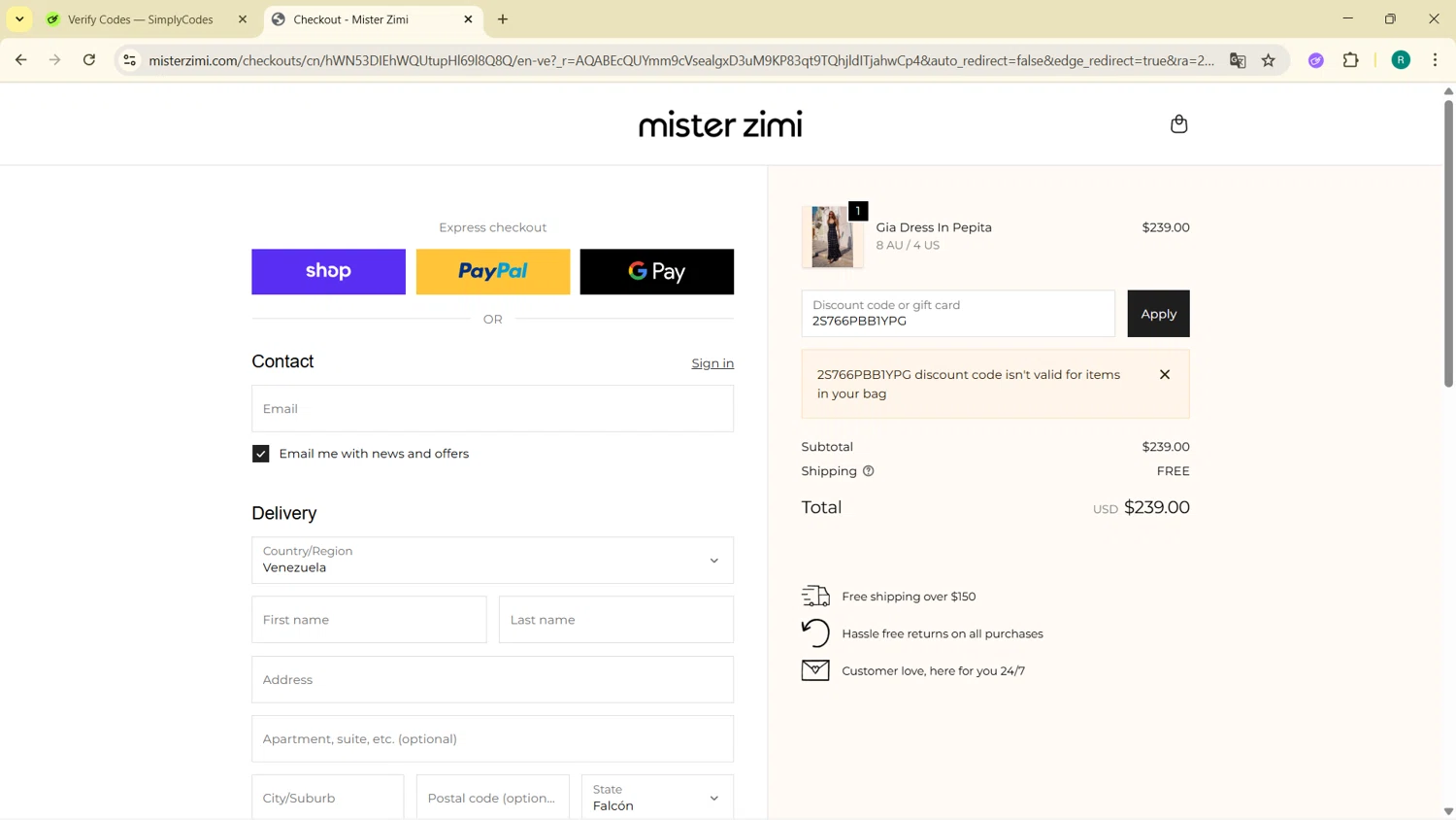 Mister Zimi promo code screenshot showing code 2S766PBB1YPG applied at Mister Zimi checkout page. Uploaded by SimplyCodes community member BargainMonarch6495 on Nov 8, 2025