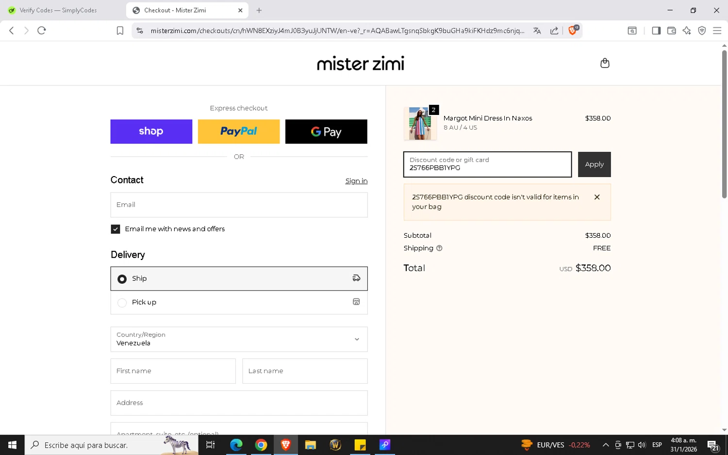 Mister Zimi promo code screenshot showing code 2S766PBB1YPG applied at Mister Zimi checkout page. Uploaded by SimplyCodes community member ShieldAdmiral6835 on Jan 31, 2026