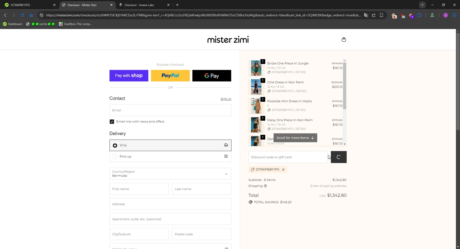 Mister Zimi promo code screenshot showing code 2S766PBB1YPG applied at Mister Zimi checkout page. Uploaded by SimplyCodes community member WonderMaverick6123 on Jan 10, 2026