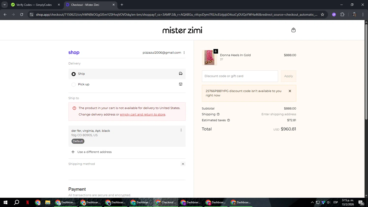 Mister Zimi checkout page showing Mister Zimi promo code box | Screenshot taken by SimplyCodes community member on Feb 13, 2026
