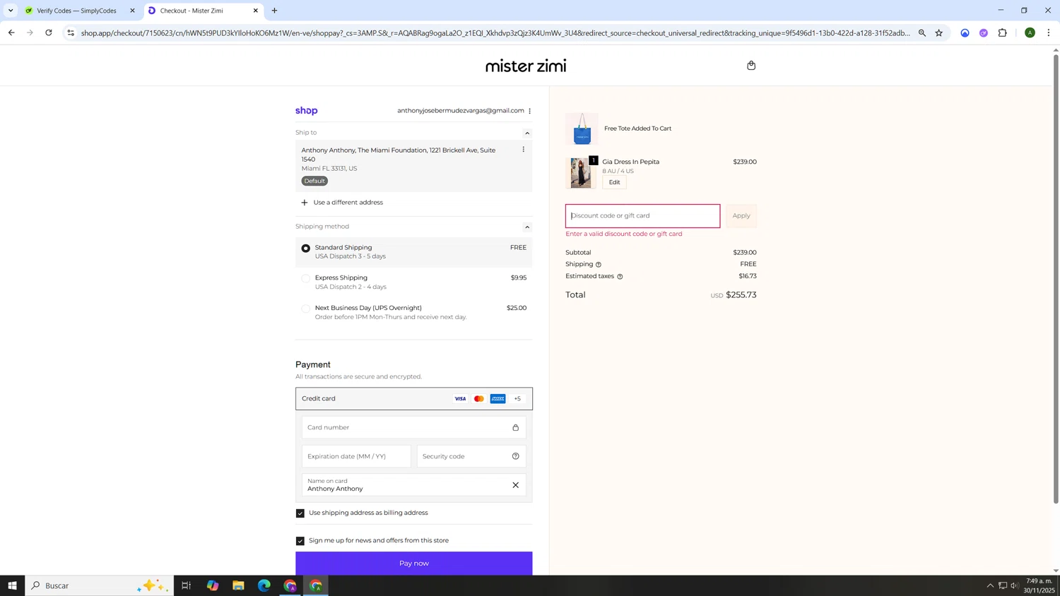 Mister Zimi promo code screenshot showing code SSN807Q2HQP9 applied at Mister Zimi checkout page. Uploaded by SimplyCodes community member AnthonyGTX on Nov 30, 2025