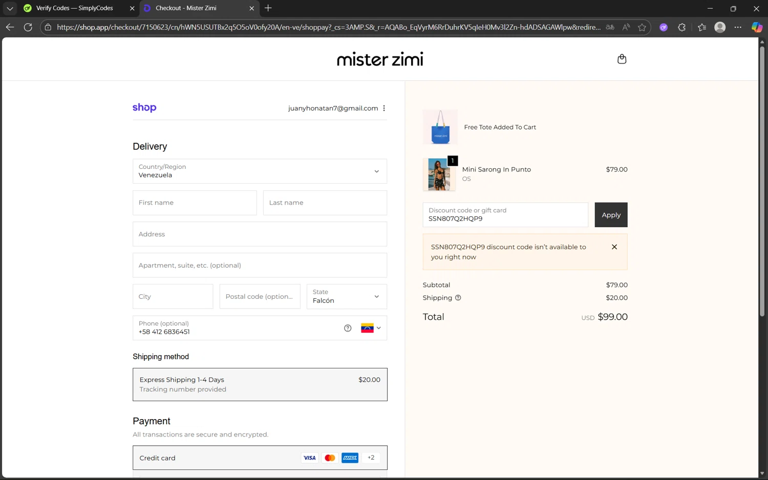 Mister Zimi promo code screenshot showing code SSN807Q2HQP9 applied at Mister Zimi checkout page. Uploaded by SimplyCodes community member juan1702 on Nov 20, 2025