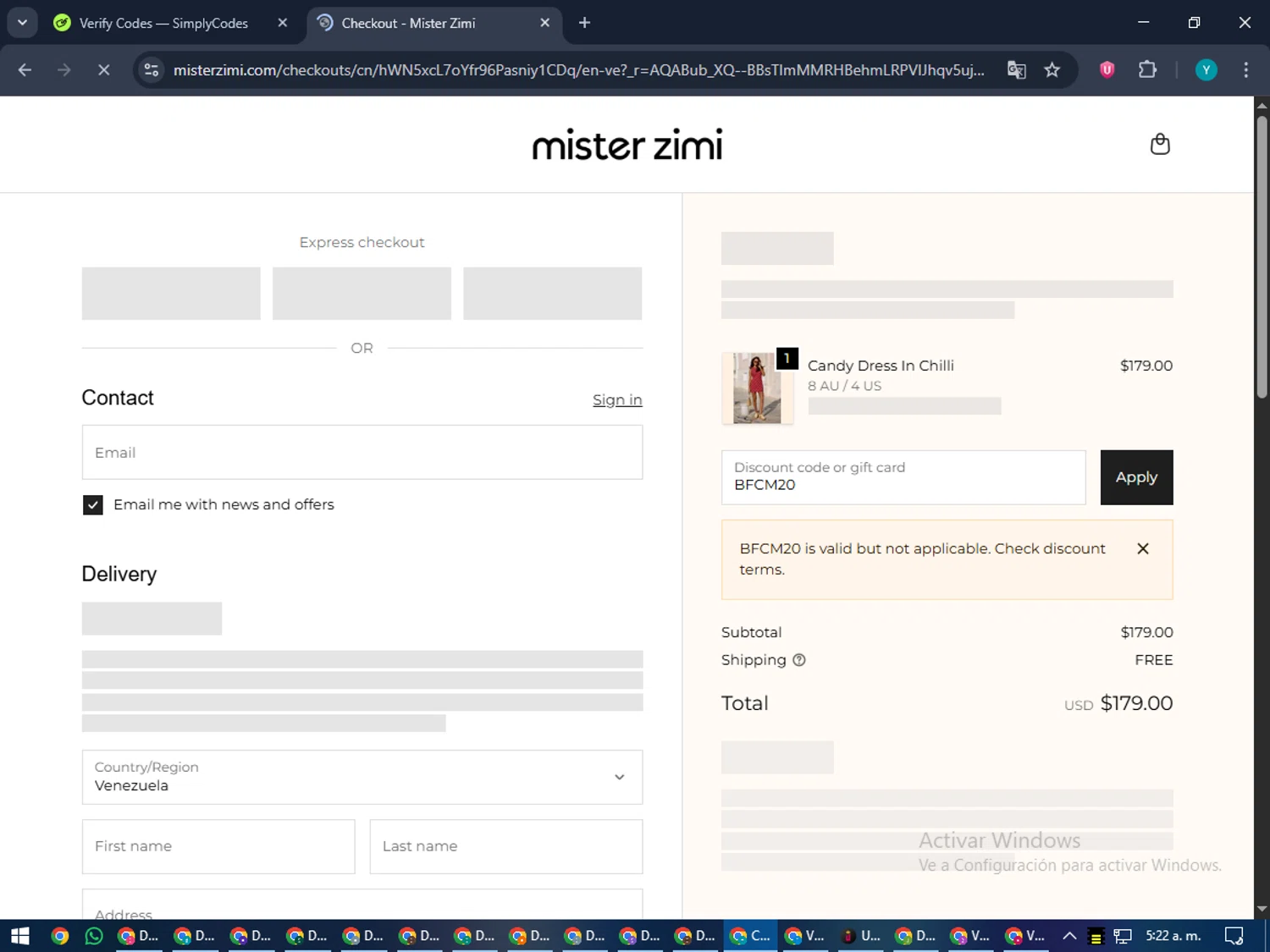 Mister Zimi promo code screenshot showing code BFCM20 applied at Mister Zimi checkout page. Uploaded by SimplyCodes community member RoyalEagle4794 on Dec 2, 2025