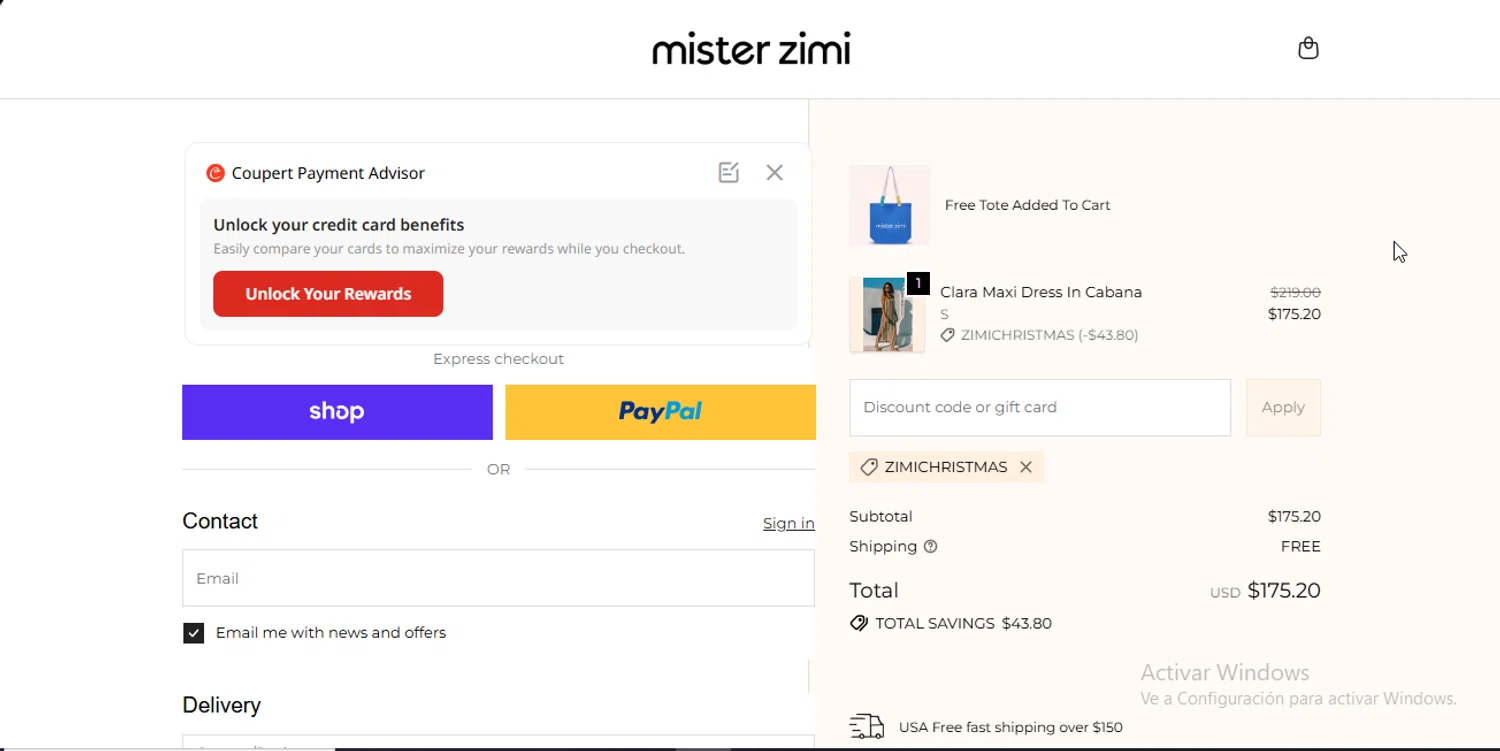 Mister Zimi promo code screenshot showing code ZIMICHRISTMAS applied at Mister Zimi checkout page. Uploaded by SimplyCodes community member CodeEagle1166 on Dec 9, 2025