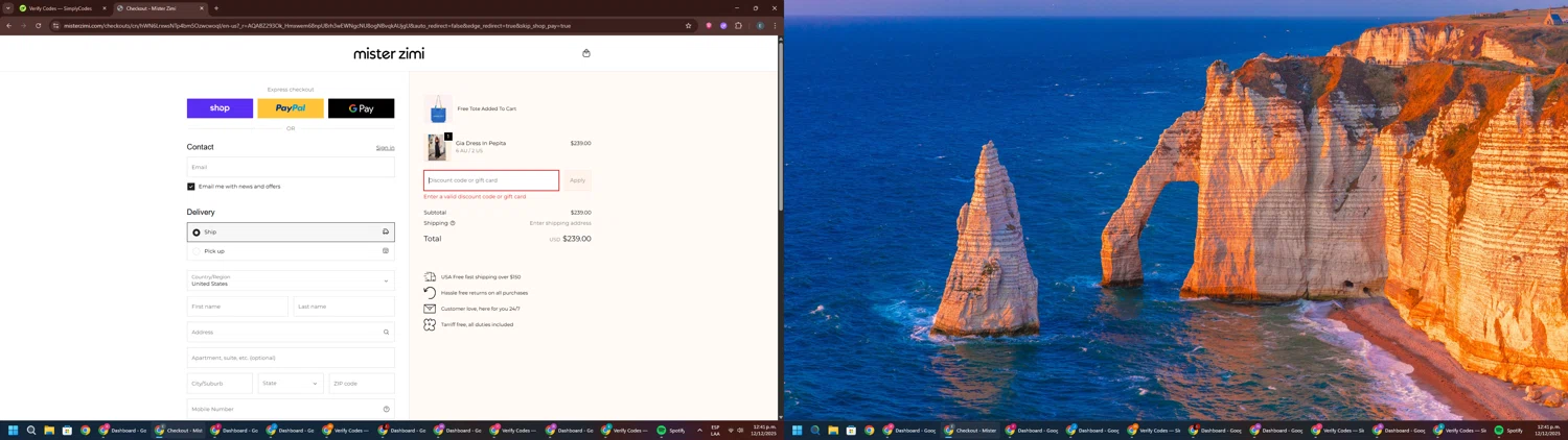 Mister Zimi promo code screenshot showing code ZIMICHIRSTMAS applied at Mister Zimi checkout page. Uploaded by SimplyCodes community member GloriousPioneer2942 on Dec 12, 2025