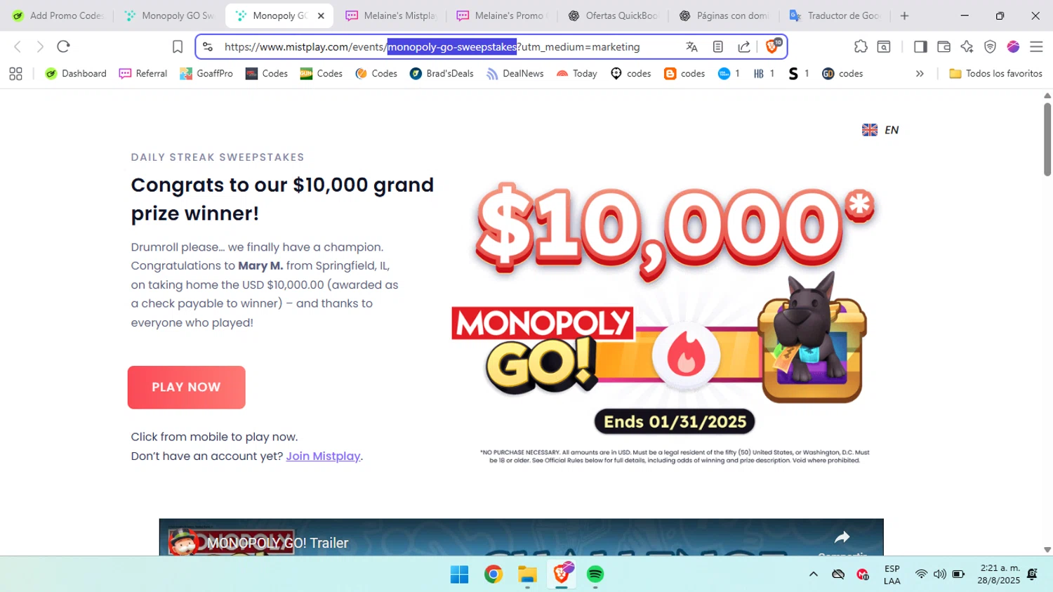 Mistplay US promo code screenshot showing code monopoly-go-sweepstakes applied at Mistplay US checkout page. Uploaded by SimplyCodes community member BabaYaga on Aug 28, 2025