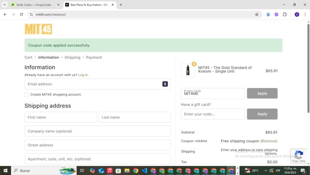 MIT45 checkout page showing MIT45 coupon code box | Screenshot taken by SimplyCodes community member on Jun 20, 2025