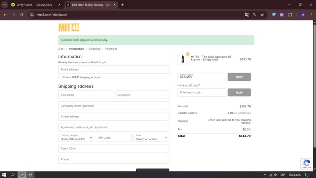 MIT45 checkout page showing MIT45 coupon code box | Screenshot taken by SimplyCodes community member on Jun 20, 2025