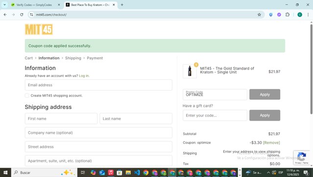 MIT45 checkout page showing MIT45 coupon code box | Screenshot taken by SimplyCodes community member on Jun 13, 2025