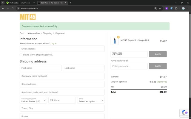 MIT45 checkout page showing MIT45 coupon code box | Screenshot taken by SimplyCodes community member on Jul 28, 2025