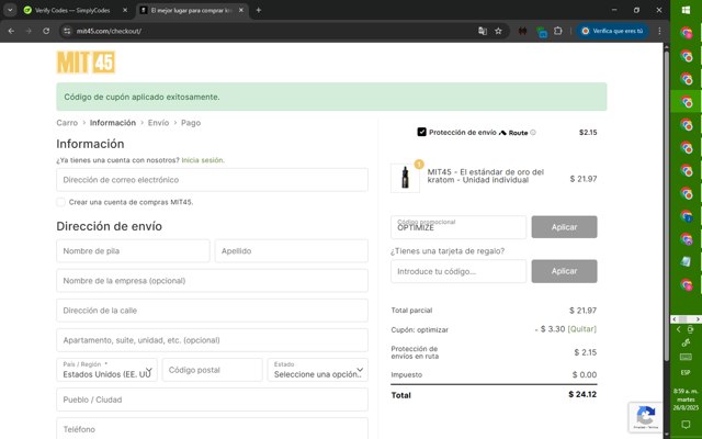 MIT45 checkout page showing MIT45 coupon code box | Screenshot taken by SimplyCodes community member on Aug 26, 2025