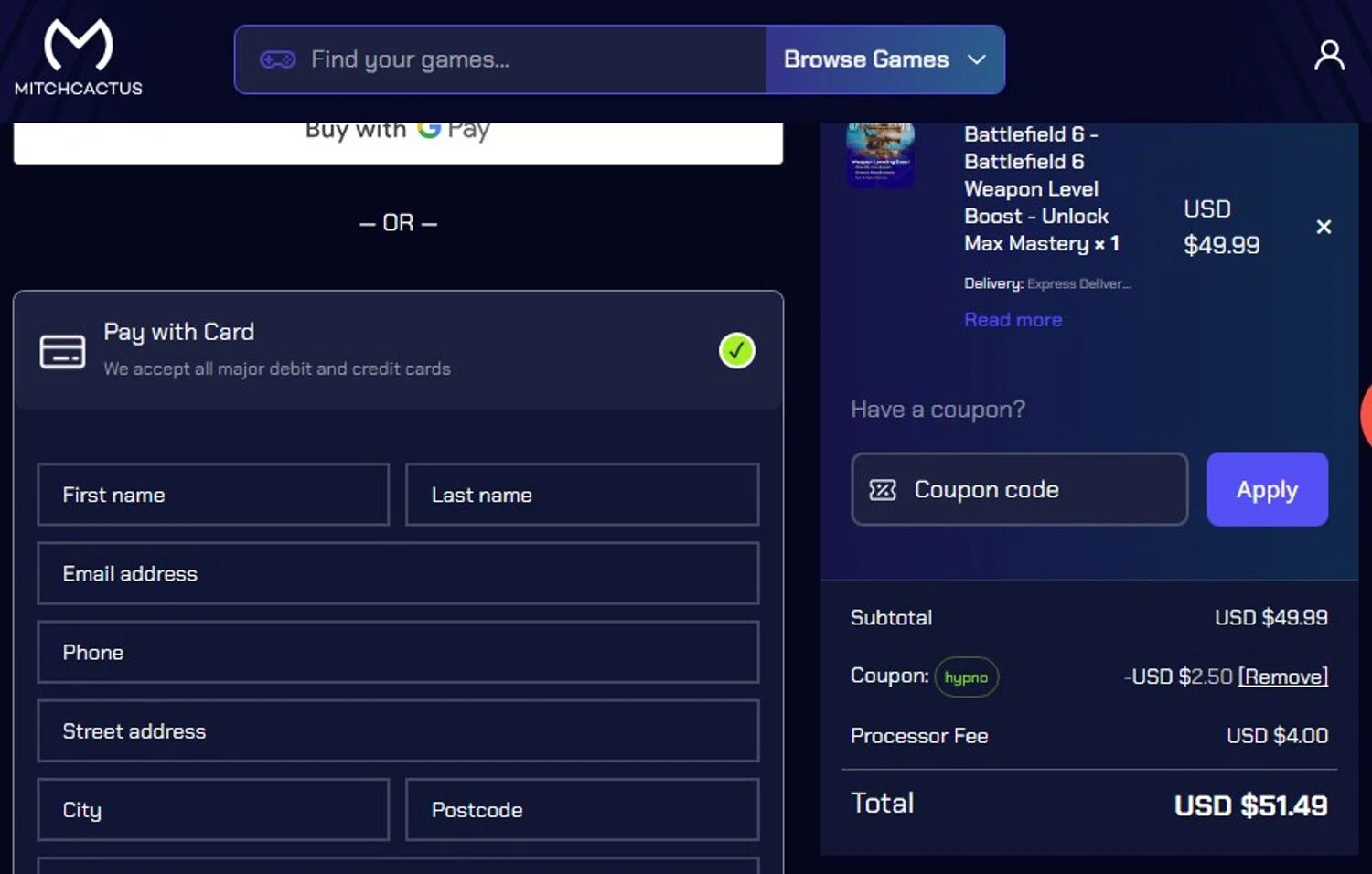 MitchCactus coupon code screenshot showing code HYPNO applied at MitchCactus checkout page. Uploaded by SimplyCodes community member Elcompa on Nov 7, 2025