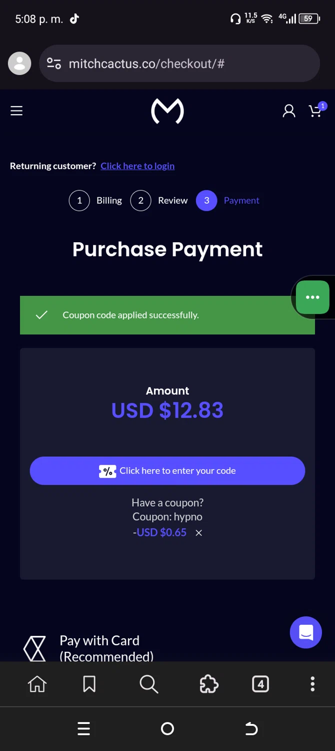 MitchCactus coupon code screenshot showing code HYPNO applied at MitchCactus checkout page. Uploaded by SimplyCodes community member Sanchezcarol on Aug 8, 2025