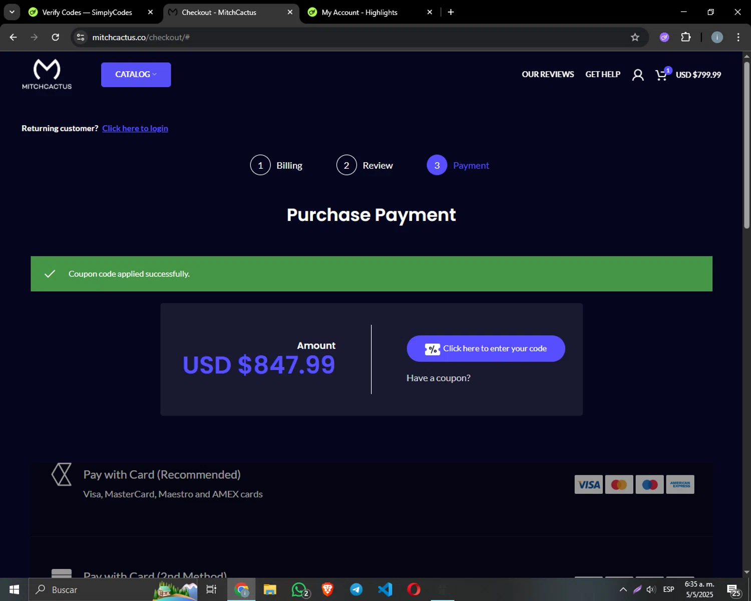 MitchCactus coupon code screenshot showing code PUFF applied at MitchCactus checkout page. Uploaded by SimplyCodes community member IvanUWU on May 5, 2025